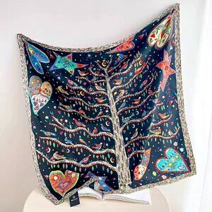 Square Scarf Silk Satin Whimsical Print Tree Birds Heart Neck Hair Accessory
